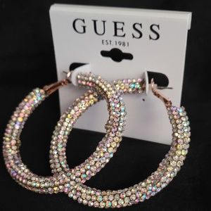 Guess Silver-tone And Aqua Sparkle Hoop Earring